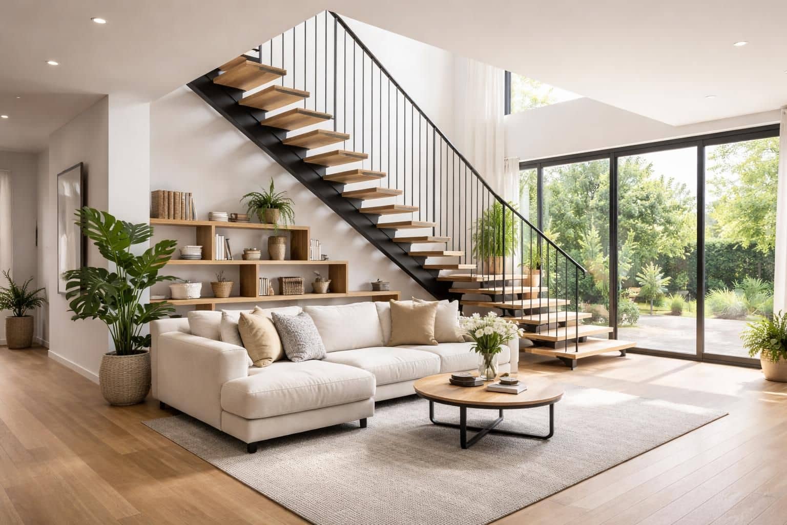 Optimiser l’espace : salon avec escalier