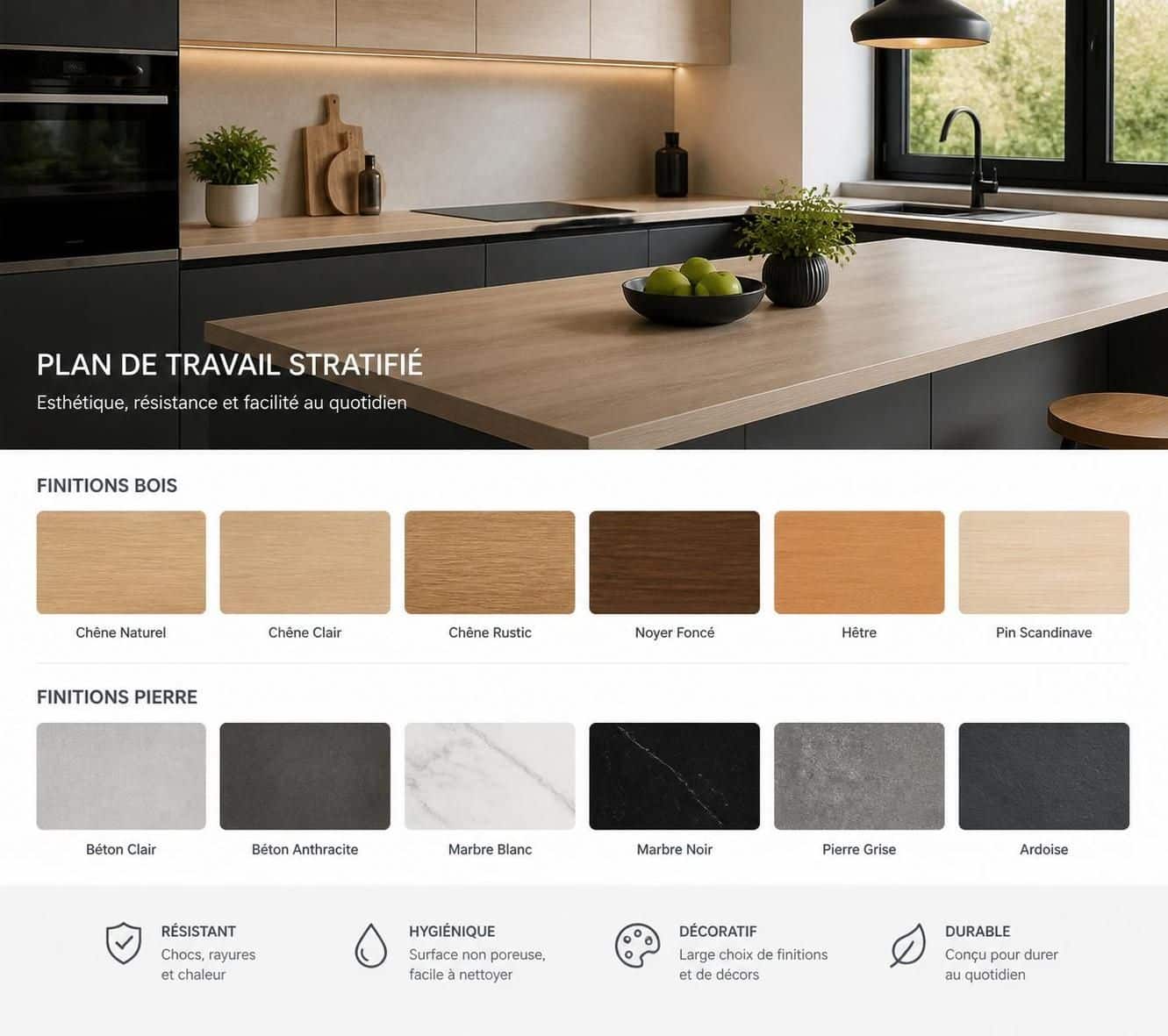découvrez les avantages et les inconvénients du plan de travail stratifié pour bien choisir votre surface de cuisine ou de salle de bain.