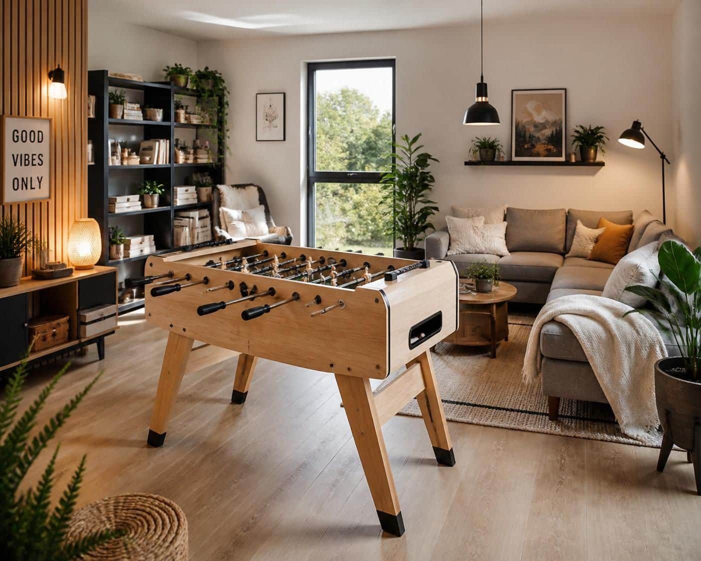 découvrez un coin baby-foot convivial et amusant dans votre salon, idéal pour des moments de détente et de divertissement en famille ou entre amis.