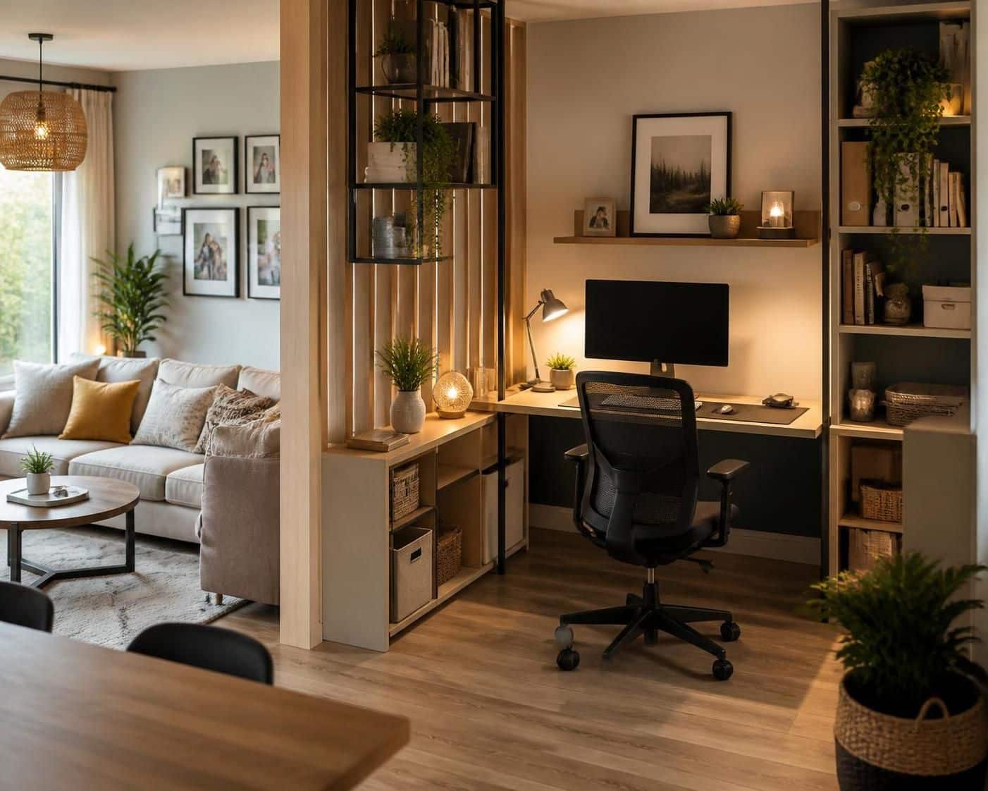 découvrez comment aménager un bureau fonctionnel et élégant dans votre salon familial pour allier travail et convivialité.