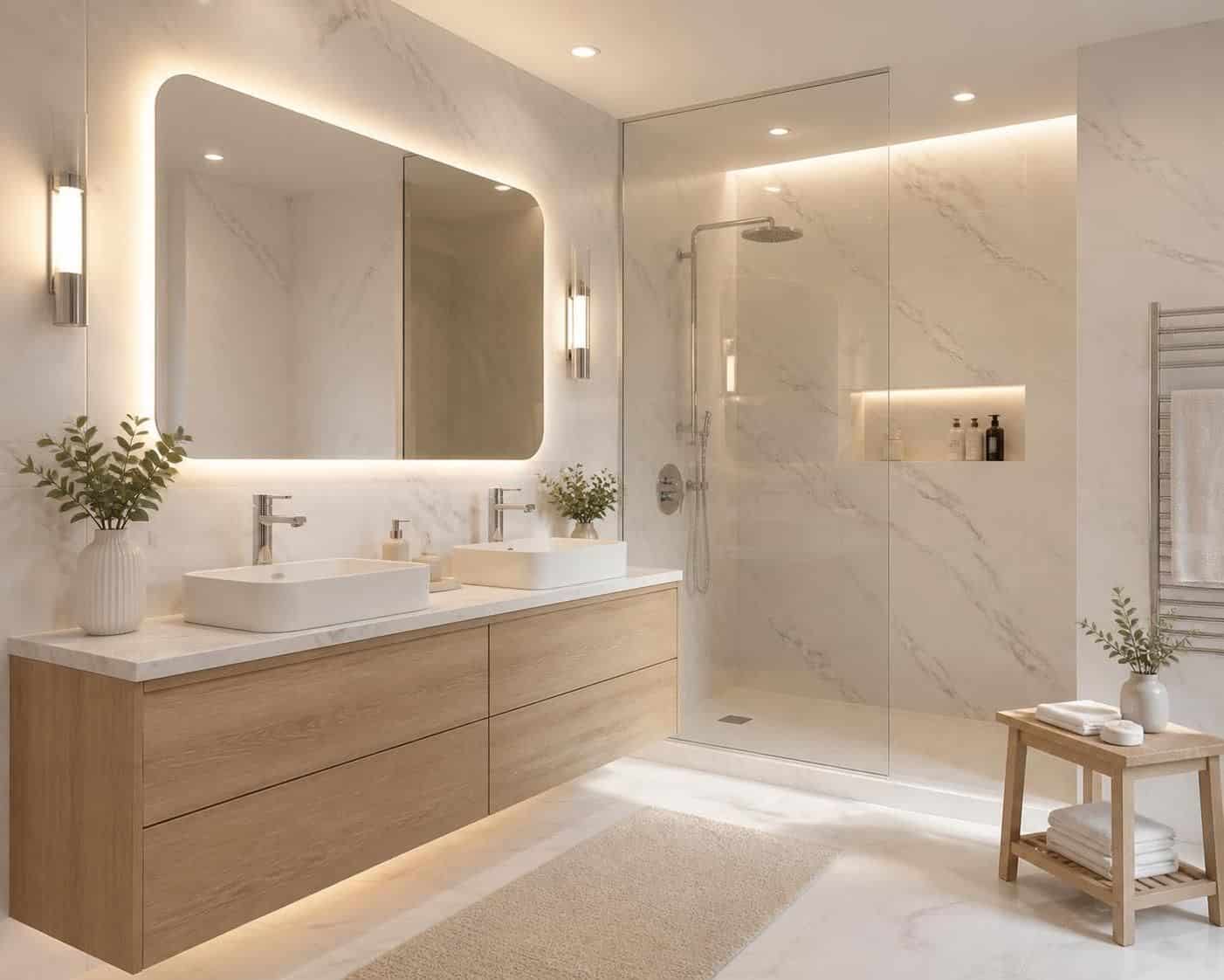 découvrez une salle de bain en marbre blanc élégante et lumineuse, alliant design moderne et matériaux nobles pour un espace zen et raffiné.